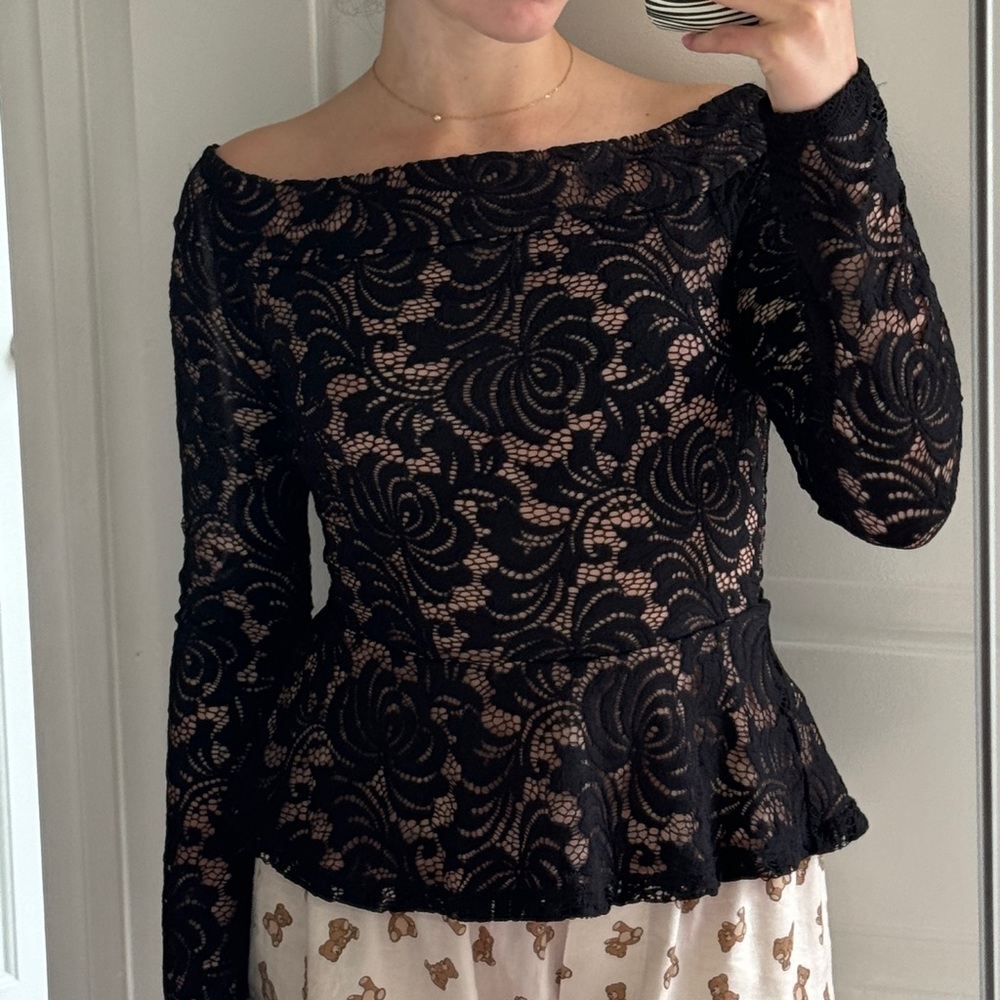 BCBG black lace peplum top